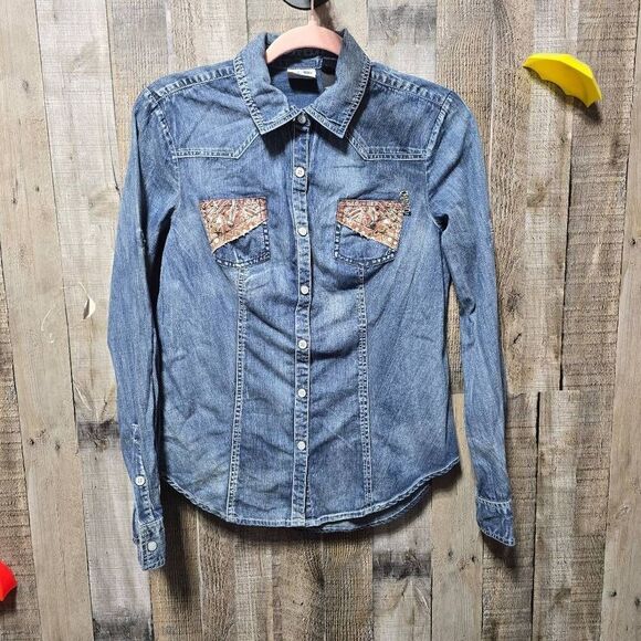 Harley Davidson Vintage Y2K Denim Snap Button Patchwork Biker Shirt - Picture 1 of 6